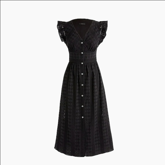 J.Crew Ruffle Sleeve Eyelet Dress Black Button - Picture 4 of 7